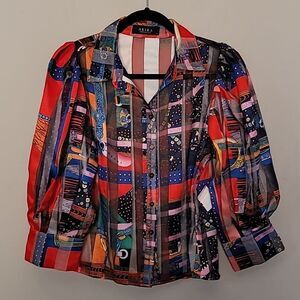 New Akira Artsy Sheer Puff Sleeve Blouse  Sz M Avant Garde Art to Wear Boho